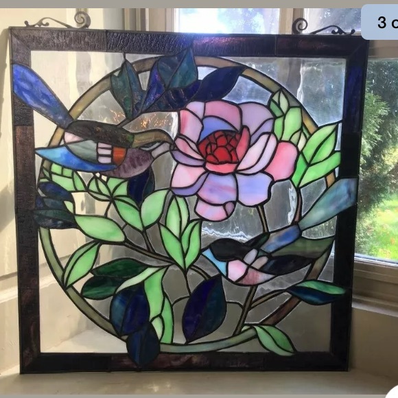 🍀SOLD 🍀Vintage Birds & Flower Leaded Stained Glass 18" - Picture 3 of 8